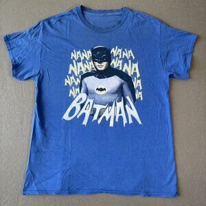 Vintage Batman Mens T-shirt S Blue Song Theme Spell Out 80s 90s Faded Comic Book